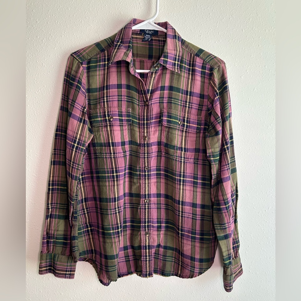 CHAPS Plaid Button-Up Shirt Women’s M Purple Green Earth Tones Cotton Western